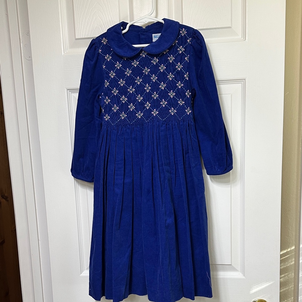 Luli & Me Royal Blue Smocked Dress with Pink Floral Embroidery, size 6x